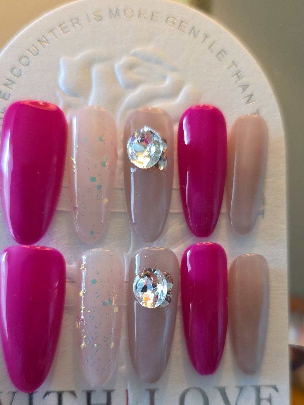 Press-On Nail Set with Fuchsia and Nude Shades  Rhinestone Accent Size Large
